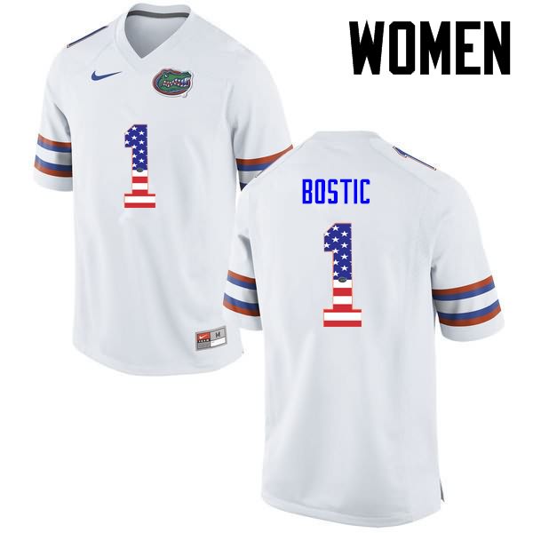 NCAA Florida Gators Jonathan Bostic Women's #1 USA Flag Fashion Nike White Stitched Authentic College Football Jersey TVA6064LO